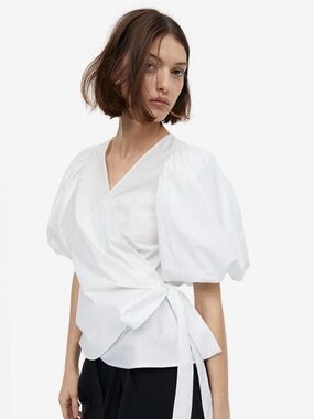 H&M Women’s White V Neck Short Ballon Puff Sleeves Wrap Boho Blouse Top M